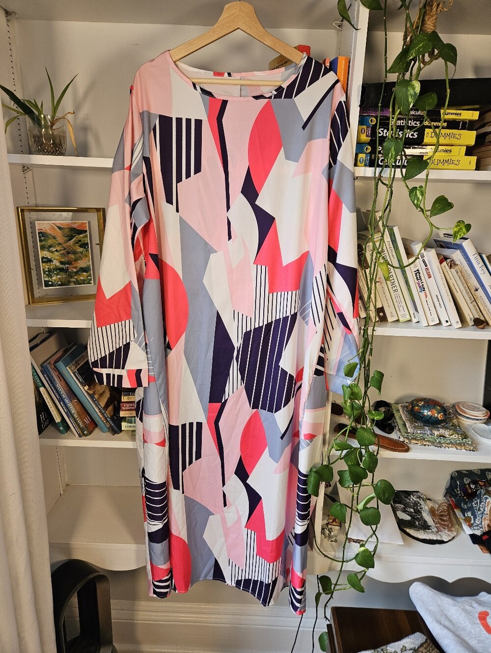 Geometric Print Long Sleeve Women's Dress in Pink Navy Size Size XL Artsy Artist